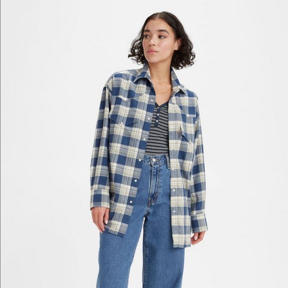 Levi's Women's Dylan Oversized Western Shirt in Kelsey Plaid Sargasso Sea NWT - Picture 1 of 10